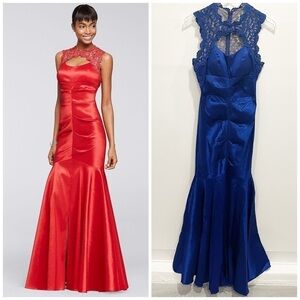 Xscape Sleeveless Stretch Taffeta Dress w/Lace Keyhole in Blue 6